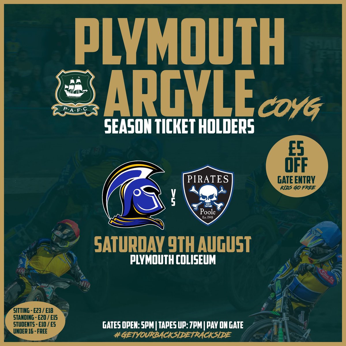 Plymouth Argyle season ticket holders get discounted tickets to the coliseum this Saturday for the clash with the pirates 🏴‍☠️ 

Tapes up from 7PM ⚔️

#pafc #gladiators