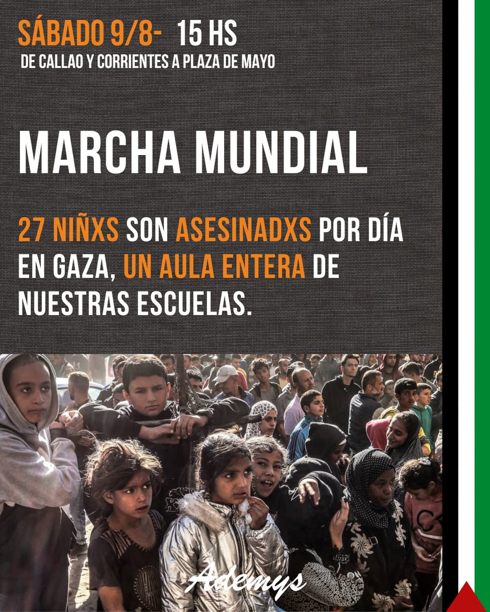 fedepuy's tweet photo. Desde Ademys nuestro sindicato docente no somos indiferentes con el #GenocidioEnGaza las escuelas son bombardeadas, se asesina a 27 niños por día (el tamaño promedio del tamaño de un aula en Argentina), vemos los videos de niños y niñas desesperados por la hambruna. EL SILENCIO NO VA MAS. Este sábado todos a Callao y Corrientes 14 horas.