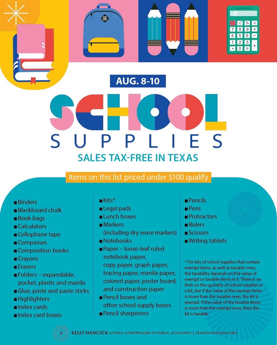 📣Heads up, Sharyland ISD families!
Get ready for Tax-Free Weekend in Texas — happening August 8–10!🛍️✏️👟

Most school supplies, clothing, and footwear are tax-free, regardless of whether you shop in-store, online, by phone, or by mail. Take advantage and save as you prep for