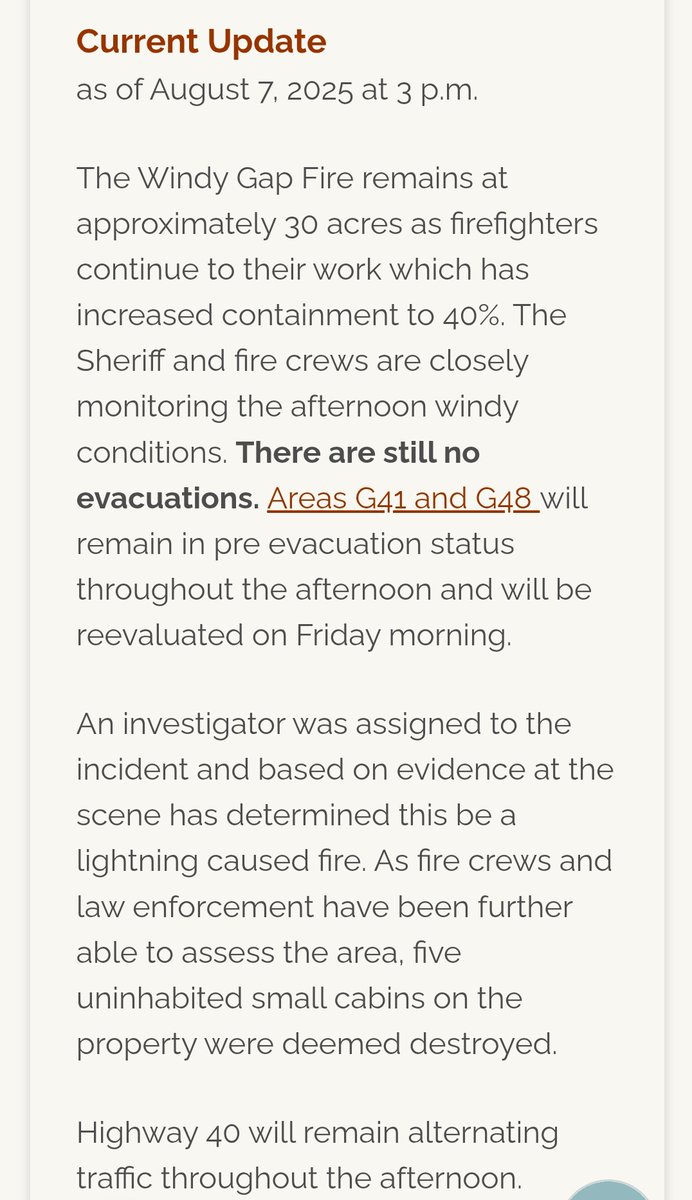 30 acres with 40% containment for #WindyGapFire. Lightning caused.