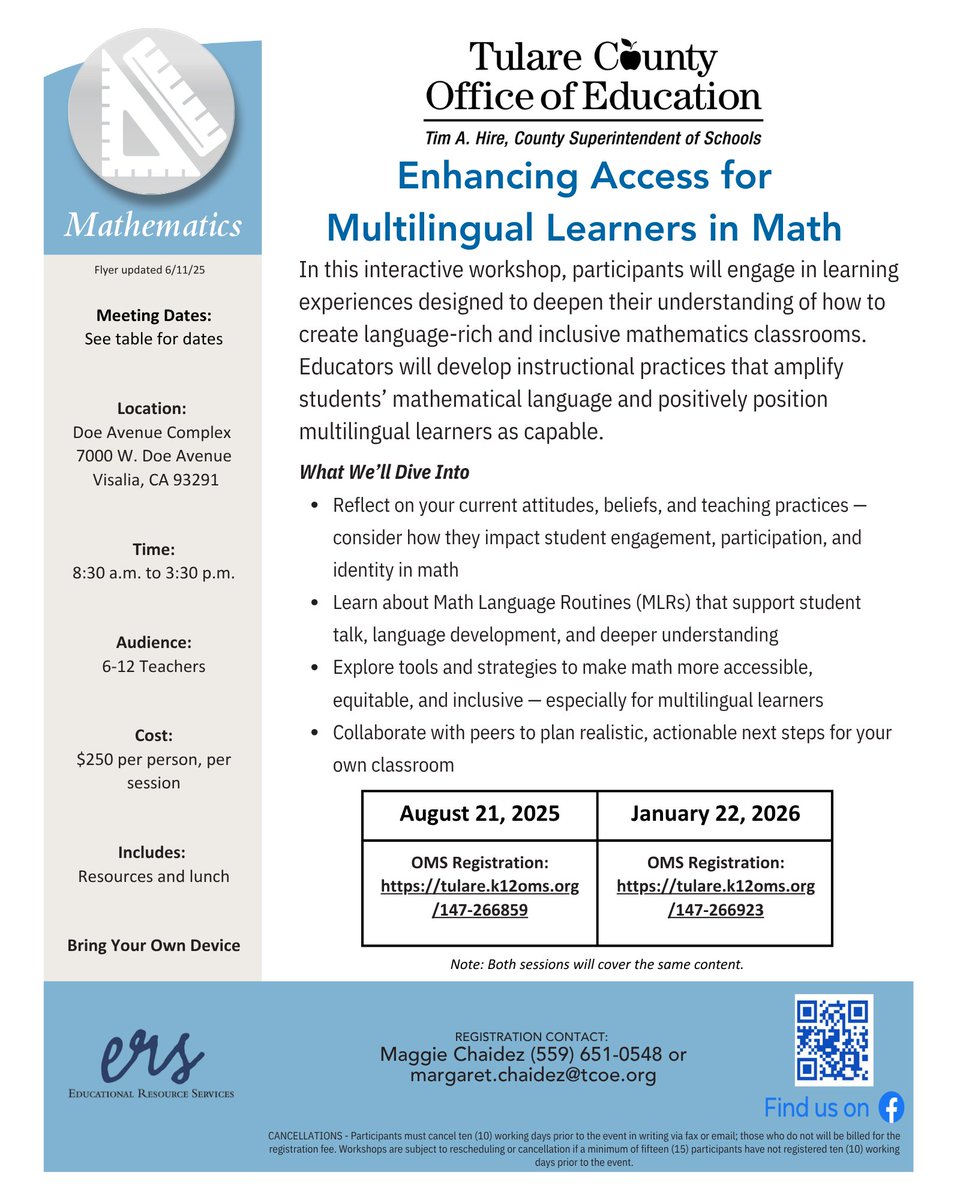 We're offering two sessions of "Enhancing Access for Multilingual Learners in Math." Learn how to create language-rich mathematics classrooms where multilingual learners are capable and valued contributors. 

Aug. 21: tulare.k12oms.org/147-266859.

Jan. 22: tulare.k12oms.org/147-266923.
