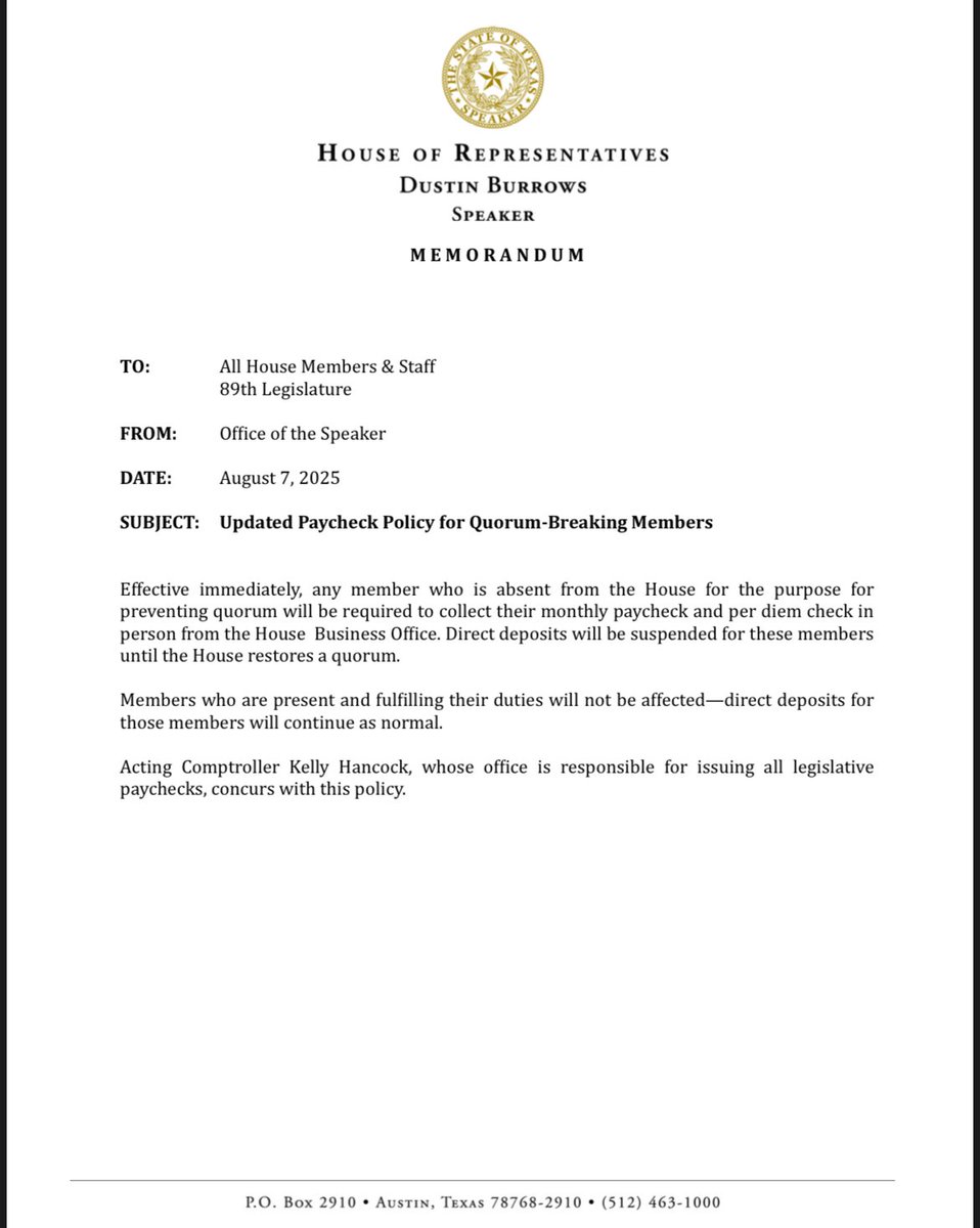 Brad Johnson (@bradj_tx) on Twitter photo .<a href="/Burrows4TX/">Dustin Burrows</a> just sent a memo out to House reps saying that quorum-breaking members must pick up their pay in person via check, no direct deposit allowed for absent reps. #txlege .<a href="/Burrows4TX/">Dustin Burrows</a> just sent a memo out to House reps saying that quorum-breaking members must pick up their pay in person via check, no direct deposit allowed for absent reps. #txlege