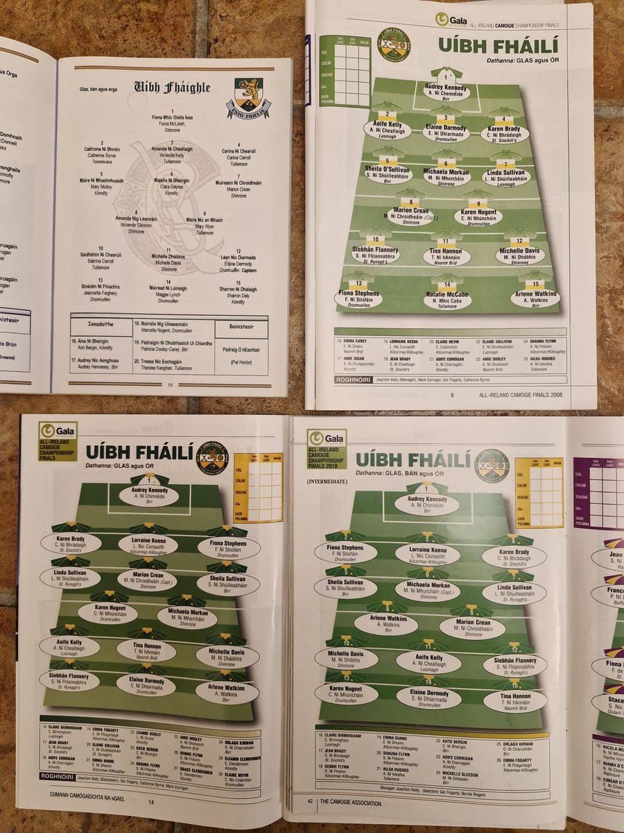 Programme covers and team pages from <a href="/OffalyCamogie/">Offaly Camogie</a>'s four previous All-Ireland final appearances - 2001 and 2008 Junior, 2009 and 2010 Intermediate.
Best wishes to all on Sunday.