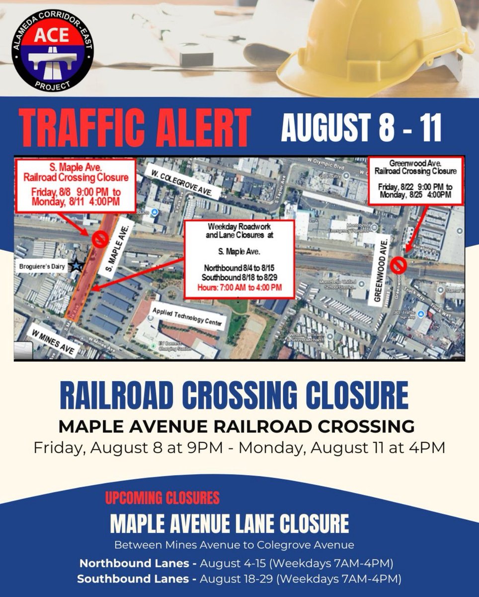 🚧 Closure Alert – Maple Avenue Railroad Crossing 🚧

Maple Avenue railroad crossing will be closed for construction starting Friday, August 8 at 9:00 PM through Monday, August 11 at 4:00 PM.

👷‍♂️ Thank you for your patience as we work to improve the crossing. <a href="/MontebelloCity/">City of Montebello</a>