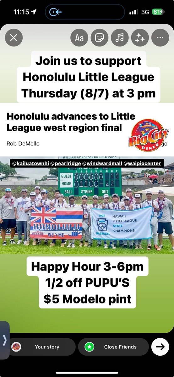 Big City Diner (@bigcitydiner) on Twitter photo Join us 3 pm TODAY to CHEER🙌ON our HAWAII LITTLE LEAGUE BASEBALL ⚾️ TEAM at <a href="/BigCityDiner/">Big City Diner</a> at <a href="/KailuaNEWS/">KailuaNEWS 🇺🇦</a> <a href="/WindwardMall/">Windward Mall</a> @Pearlridge & @WaipioCenter <a href="/KanoaLeahey/">Kanoa Leahey</a> <a href="/RobDeMelloKHON/">Rob DeMello</a> <a href="/billyhull/">Billy Hull</a> <a href="/Brian_McInnis/">Brian McInnis</a> <a href="/c_shimabuku/">Christian Shimabuku</a> Join us 3 pm TODAY to CHEER🙌ON our HAWAII LITTLE LEAGUE BASEBALL ⚾️ TEAM at <a href="/BigCityDiner/">Big City Diner</a> at <a href="/KailuaNEWS/">KailuaNEWS 🇺🇦</a> <a href="/WindwardMall/">Windward Mall</a> @Pearlridge & @WaipioCenter <a href="/KanoaLeahey/">Kanoa Leahey</a> <a href="/RobDeMelloKHON/">Rob DeMello</a> <a href="/billyhull/">Billy Hull</a> <a href="/Brian_McInnis/">Brian McInnis</a> <a href="/c_shimabuku/">Christian Shimabuku</a>