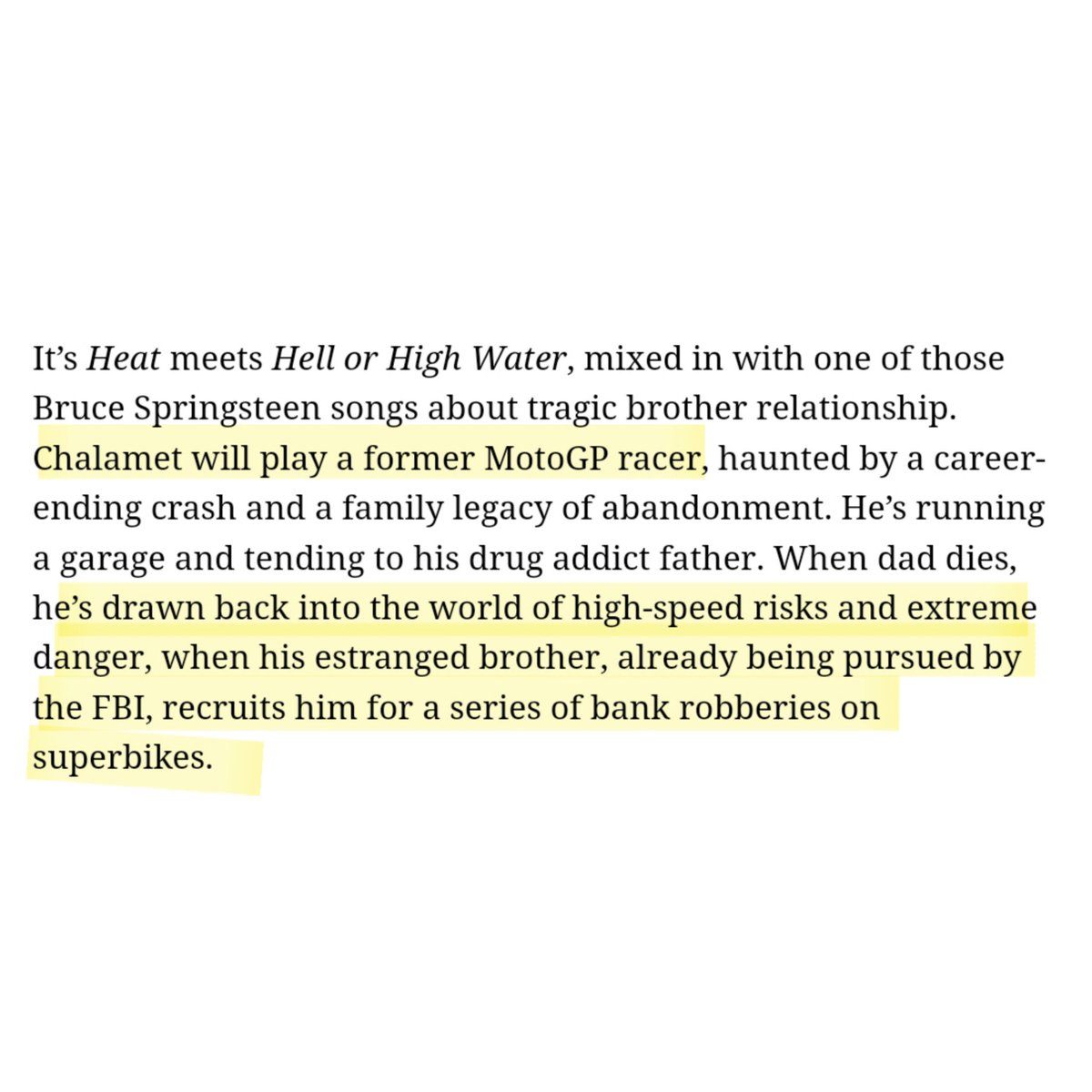티모시 차기작  < 하이 사이드 (High Side) > 확정!

제임스 맨골드 감독과의 두 번째 작품으로, 전직 모터사이클 그랑프리 레이서인 빌리가 FBI의 추적을 받고 있는 형의 제안으로 은행 강도 작전에 휘말리며 다시 극한의 위험 속으로 빠져들게 되는 바이커 스릴러 무비 🏍