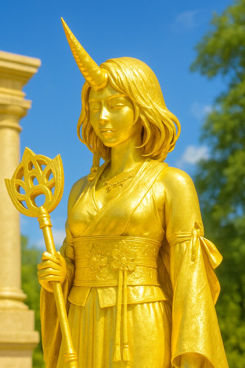 entpnerd's tweet image. I was just listening to the #FinalFantasyX walkthrough by @dansg08 on Youtube and got to the bit where Biran &amp;amp; Yenke offered to build the &quot;brightest statue&quot; of Yuna &quot;with grand horn on head&quot;. According to @ChatGPTapp, this is what that statue would look like!
