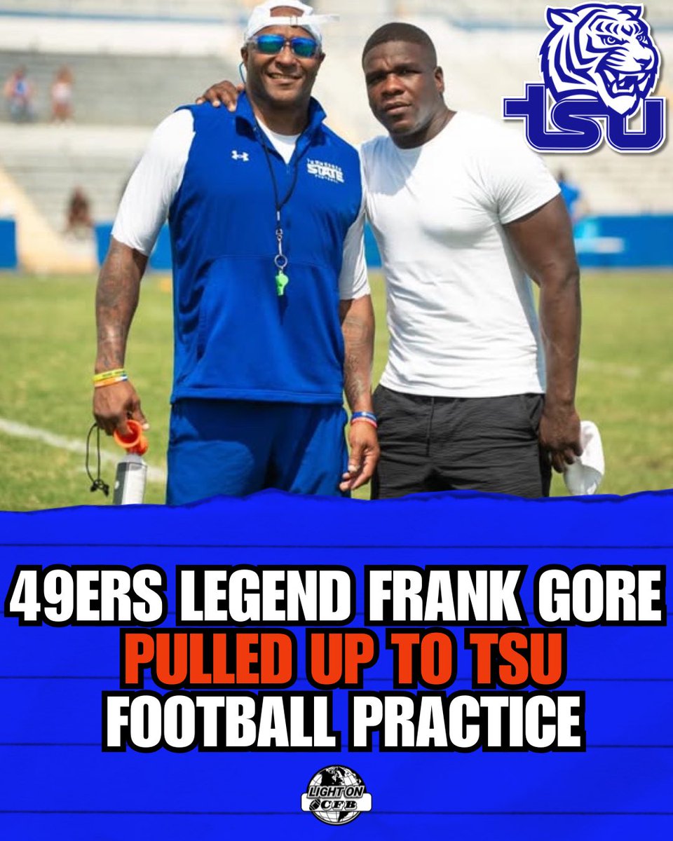 LIGHT ON COLLEGE SPORTS (@lightonsports) on Twitter photo San Francisco 49ers legend Frank Gore pulled up to Tennessee State’s football practice. 🐯🔥
(via <a href="/reggiebarlow/">Reggie Barlow</a>) San Francisco 49ers legend Frank Gore pulled up to Tennessee State’s football practice. 🐯🔥
(via <a href="/reggiebarlow/">Reggie Barlow</a>)