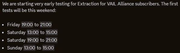 VAIL VR (Free Training Grounds Update) (@playvailvr) on Twitter photo Extraction play test time slots. Retweet and comment for your chance to be on <a href="/aextropical/">aextropical</a> ‘s team. If you don’t have VAIL alliance subscription, it will also include 1 free month from trop himself Extraction play test time slots. Retweet and comment for your chance to be on <a href="/aextropical/">aextropical</a> ‘s team. If you don’t have VAIL alliance subscription, it will also include 1 free month from trop himself