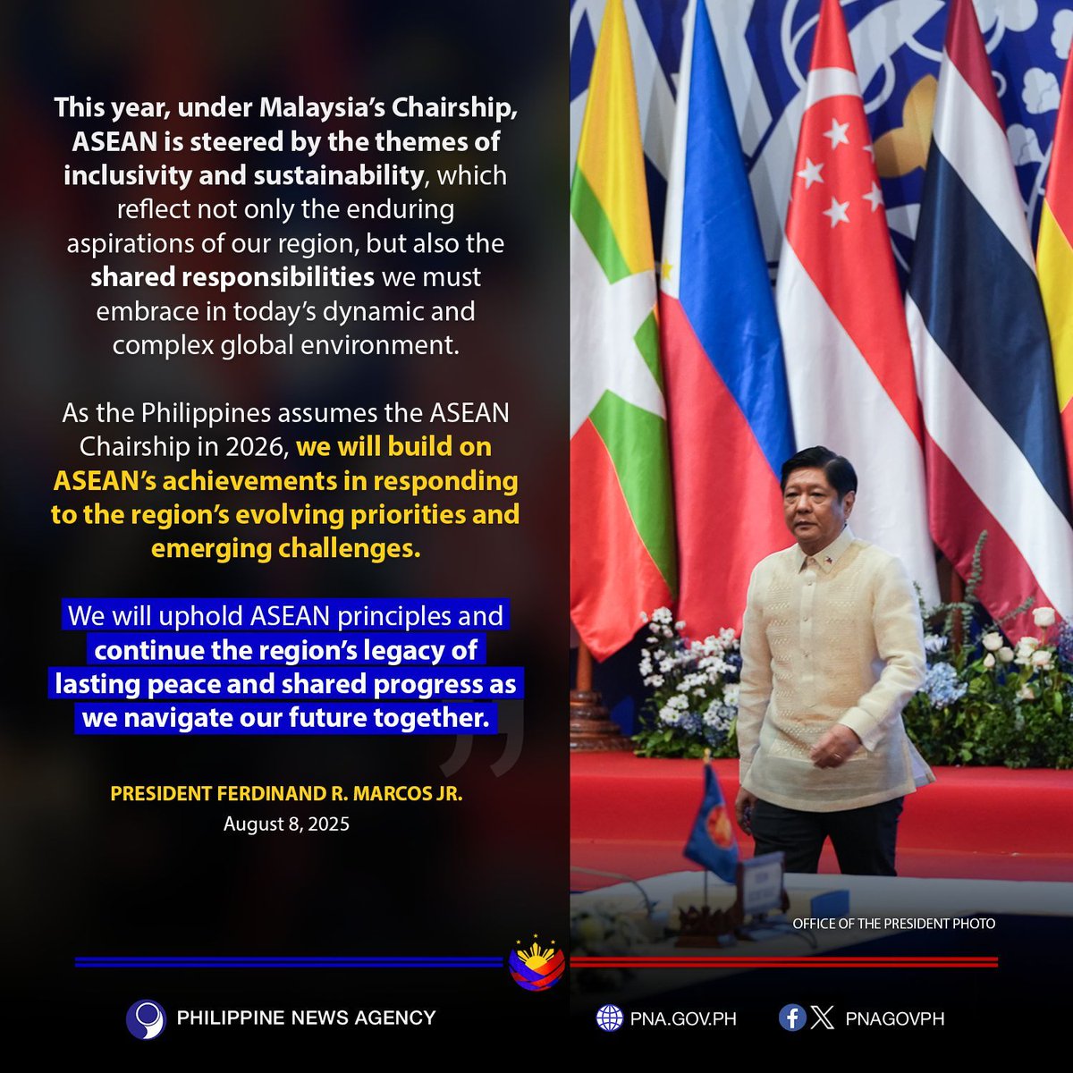 pnagovph's tweet image. READ: President Ferdinand R. Marcos Jr.'s message for the 58th founding anniversary of the Association of Southeast Asian Nations (ASEAN) on Friday (Aug. 8, 2025).