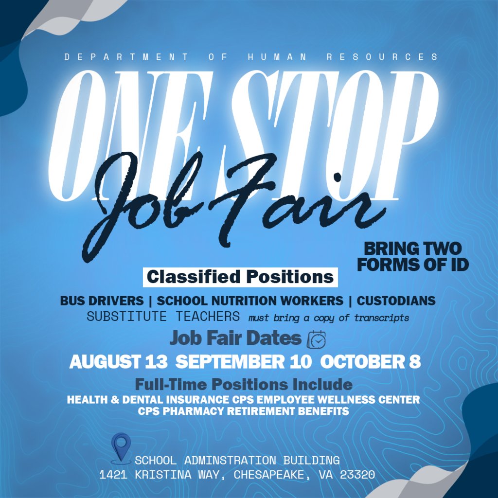 🚌 WE’RE HIRING! 
Join us for the ONE STOP JOB FAIR and become part of the Chesapeake Public Schools team!

📅 Wednesday, August 13 

📍 School Administration Building 

Ready to make a difference? We'll see you there!