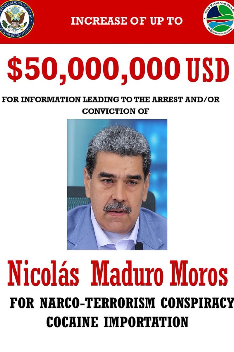 EmaFigueroaC's tweet photo. OFICIAL: La recompensa por la captura del tirano Nicolás Maduro asciende a 50 millones de dólares. Es la mayor ofrecida en la historia de #EEUU. https://t.co/yj9GCGpy75