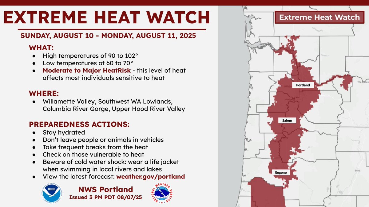 An Extreme Heat Watch is in effect for the Willamette Valley, Southwest WA lowlands, Columbia River Gorge, and Upper Hood River Valley from 12pm Sunday through 11pm Monday.