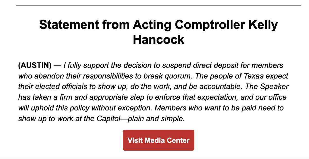 Hannah Norton (@hannahnorton89) on Twitter photo Acting Comptroller and former state Sen. <a href="/KHancock4TX/">Kelly Hancock</a> says he "fully supports" Burrows' decision to suspend direct deposit for quorum-breaking Dems: "Members who want to be paid need to show up to work at the Capitol—plain and simple." #txlege Acting Comptroller and former state Sen. <a href="/KHancock4TX/">Kelly Hancock</a> says he "fully supports" Burrows' decision to suspend direct deposit for quorum-breaking Dems: "Members who want to be paid need to show up to work at the Capitol—plain and simple." #txlege