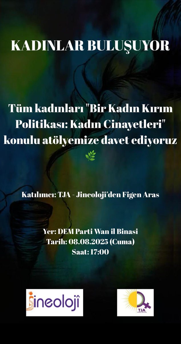 Yarın Saat 17:00'de TJA Aktivisti Figen Aras yoldaşımızın katılımıyla gerçekleştireceğimiz "Bir Kadın Kırım Politikası: Kadın Cinayetleri" konulu atölyemize tüm kadınları davet ediyoruz. 

<a href="/tjamerkezj/">tjamerkezj</a> 
<a href="/gulderenvarli/">Gülderen VARLİ</a> <a href="/GulcanKcmzSyygt/">Gülcan KAÇMAZ SAYYİĞİT</a> <a href="/neslihansedal65/">Neslihan ŞEDAL</a>