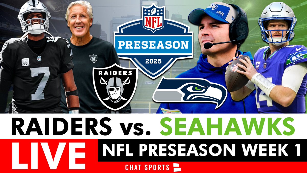 MitchellRenz365's tweet photo. Raiders vs. Seahawks LIVE

Join the #1 Raiders Watch Party for this NFL Week 1 preseason game: https://t.co/fcTBjcVuGY 📺 @ChatSports 

Revenge game for Pete Carroll &amp; Geno Smith!

Raider Nation pull up with @JeremyChuggs &amp; me - we're giving away an Ashton Jeanty jersey! https://t.co/fM9y8z1u7n