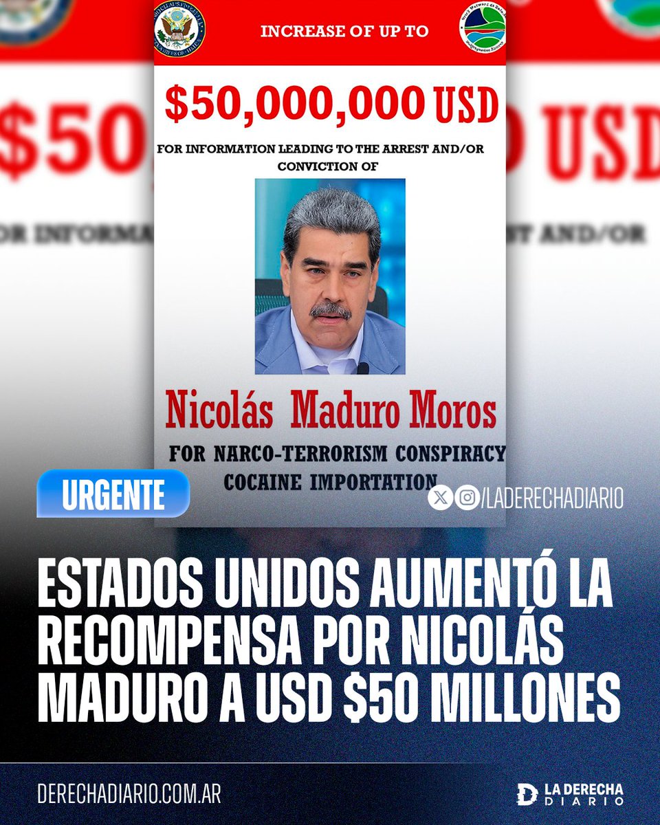 🇺🇸🇻🇪 | #URGENTE El Gobierno de Trump aumentó la recompensa por el narcodictador asesino Nicolás Maduro a $50 millones de dólares: Se convirtió en el criminal latinoamericano más buscado de la historia.