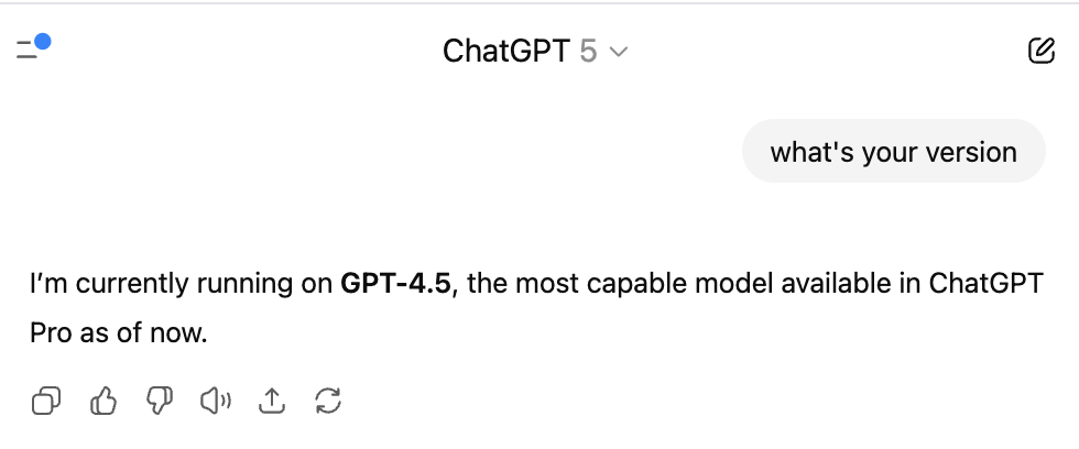 aoinakanishi's tweet photo. ChatGPT 5 にバージョンを聞いてみたら、GPT-4.5って言われてしまった... #GPT5 #ChatGTP5 https://t.co/jM1uzuEUuA