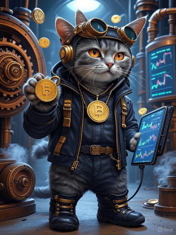 Grok Imagine prompt:

Anthropomorphic gray tabby cat standing proudly on a futuristic trading floor, surrounded by glowing holographic coin charts and ticker symbols. The cat is dressed in steampunk–cyberpunk hybrid gear: a leather pilot helmet with polished brass aviator