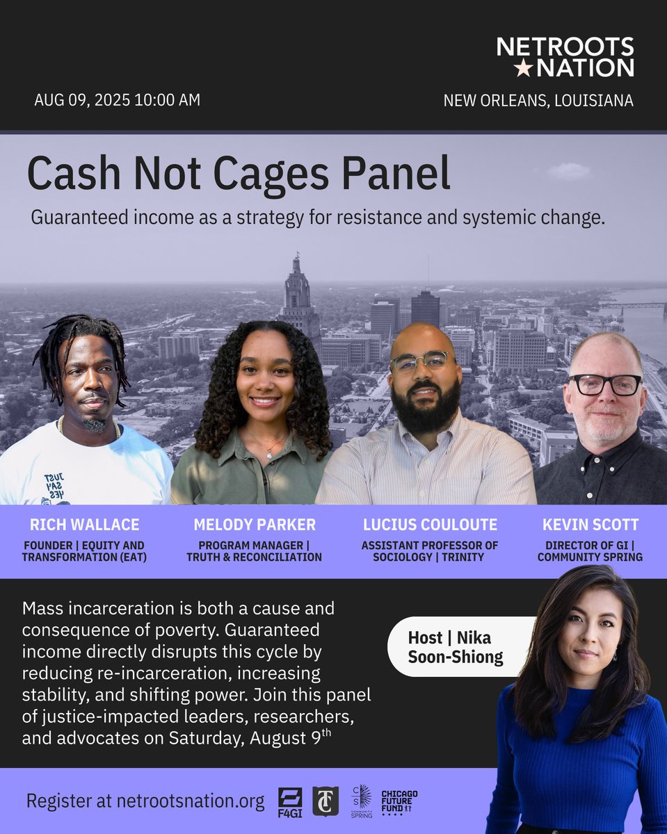 Fund for Guaranteed Income (@fund4gi) on Twitter photo Don't forget to catch us at <a href="/Netroots_Nation/">Netroots Nation</a> conference in New Orleans this Saturday 10am. Founder <a href="/nikasoonshiong/">Nika Soon-Shiong 🇵🇸</a> will lead "Cash Not Cages" a powerful panel unpacking real solutions to poverty and strategies to advance the fight for restorative justice. Don’t miss it! Don't forget to catch us at <a href="/Netroots_Nation/">Netroots Nation</a> conference in New Orleans this Saturday 10am. Founder <a href="/nikasoonshiong/">Nika Soon-Shiong 🇵🇸</a> will lead "Cash Not Cages" a powerful panel unpacking real solutions to poverty and strategies to advance the fight for restorative justice. Don’t miss it!