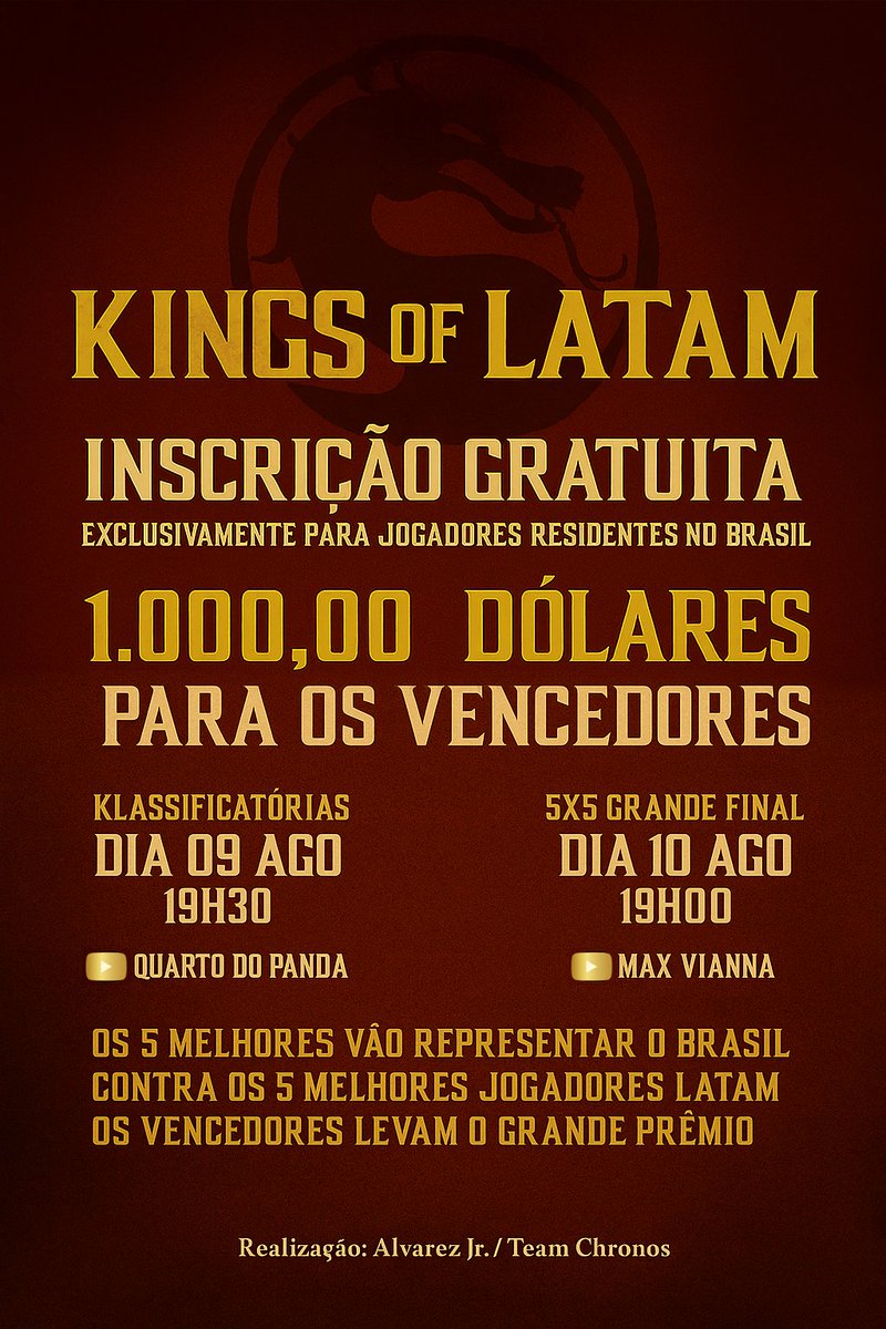 🔥 KINGS OF LATAM 
🎯 Inscrição gratuita para jogadores do Brasil
💰 US$ 1.000,00 em premiação para o time campeão!
🎖️Link: start.gg/tournament/kin…

📅 Klassificatórias: 09/08 – 19h30
📅 Grande Final: 10/08 – 19h00
⚔️ Os 5 melhores do 🇧🇷 contra os 5 melhores da LATAM!
📺
