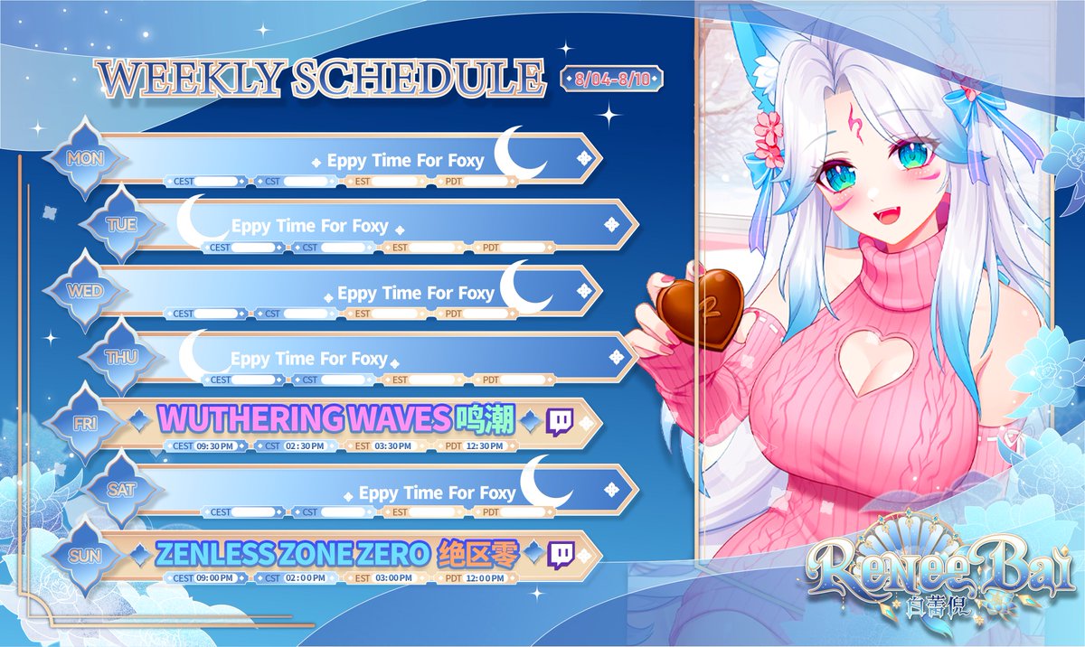 🌊WEEKLY SCHEDULE🌊

Aug. 4th - Aug. 10th

🫧Gacha Gacha I Gacha🩵