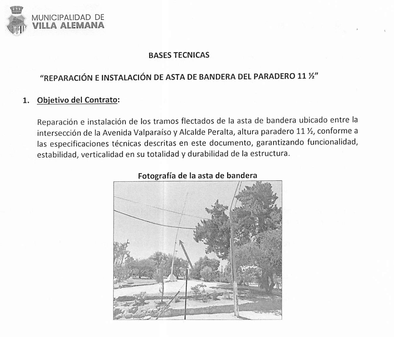 Hoyos Peatonales (@hoyospeatonales) on Twitter photo La <a href="/Munivillalemana/">Municipalidad de Villa Alemana</a> está licitando "Reparación e instalación de asta de bandera paradero 11 1/2.
Monto: $15.000.000
Plazo: 10 días corridos. La <a href="/Munivillalemana/">Municipalidad de Villa Alemana</a> está licitando "Reparación e instalación de asta de bandera paradero 11 1/2.
Monto: $15.000.000
Plazo: 10 días corridos.