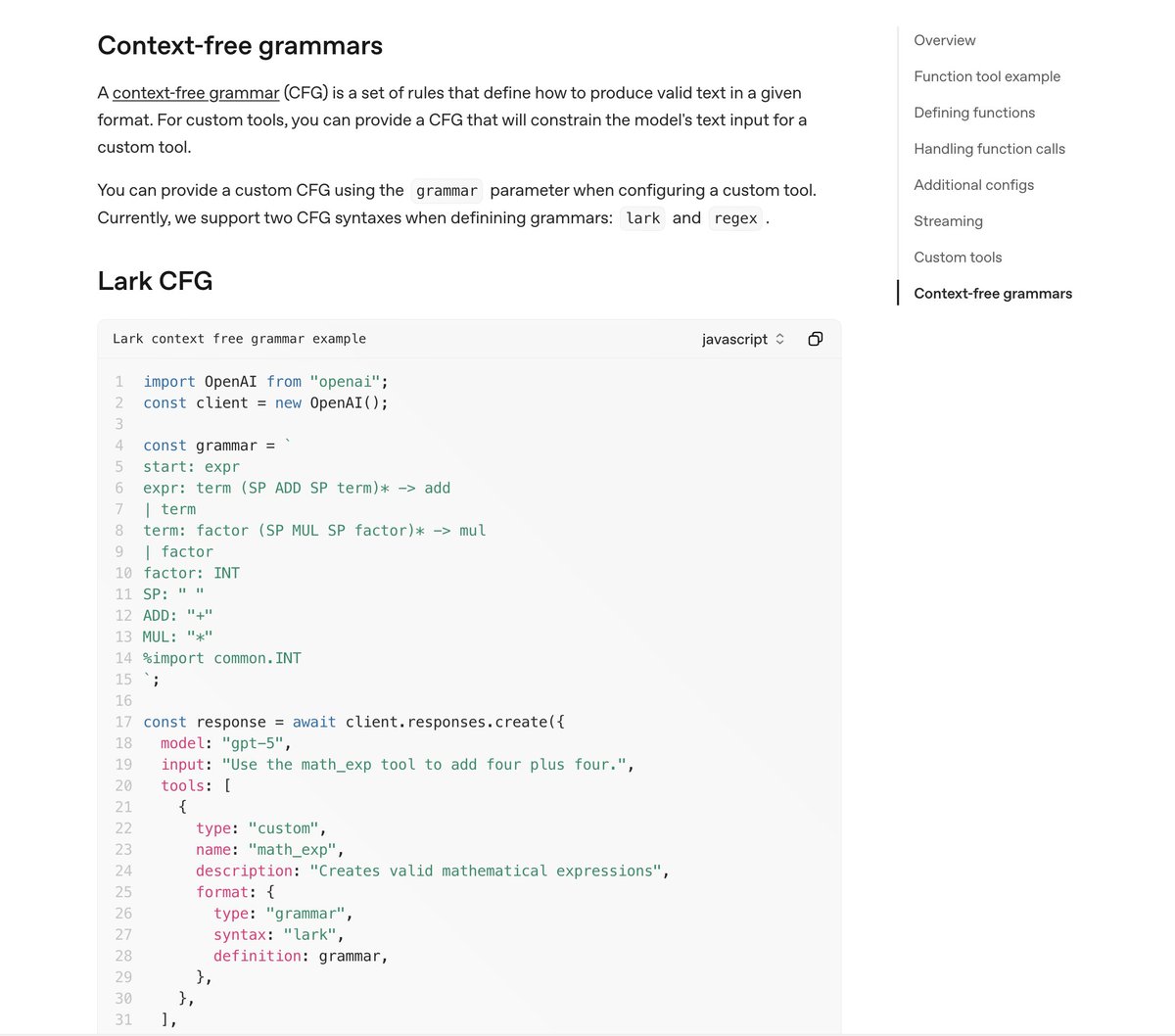 え？ちょっとまって、GPT-5のツール呼び出しでCFGが使えるようになってる！

Context-free grammarsって聞こえた気がしたから調べたらガチだった。

やべー、オレオレ言語を即席で作って実行できるようになってしまったよ…

AIがAIを作る方向性、これだわ。

platform.openai.com/docs/guides/fu…