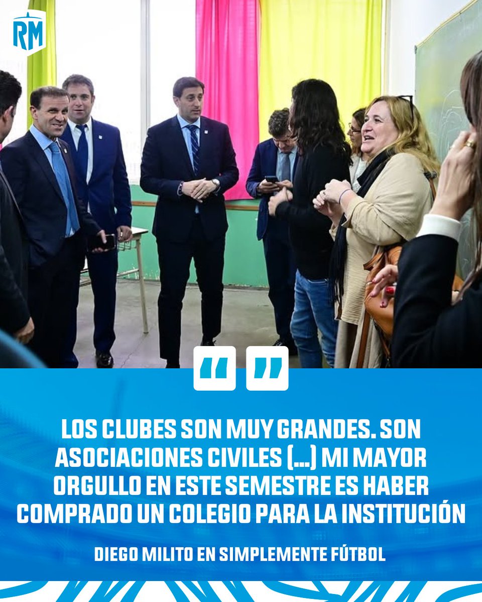 RacingManiacos's tweet photo. "LOS CLUBES SON MUY GRANDES. SON ASOCIACIONES CIVILES. HAY UN MONTÓN DE ÁREAS DONDE HAY QUE CONTEMPLAR COMO PRESIDENTE. MI MAYOR ORGULLO EN ESTE SEMESTRE ES HABER COMPRADO UN COLEGIO PARA LA INSTITUCIÓN".
👉 Diego Milito en #SimplementeFutbol. https://t.co/IaSQ351rTB