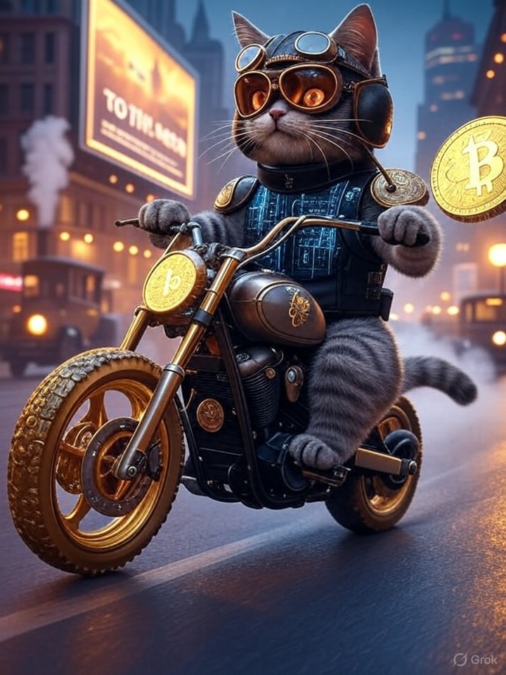 Grok Imagine prompt:Anthropomorphic gray tabby cat speeding through a bustling steampunk city on a custom-built vintage motorbike with golden rims shaped like cryptocurrency coins. The fuel tank is engraved with the “$tabby” logo, and leather saddlebags overflow with shiny gold