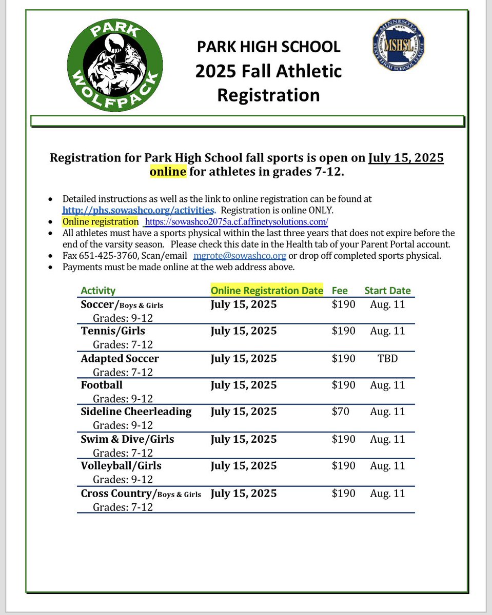 Fall sports begin on Monday. Athletes - don’t miss the first day! Get registered today. 

phs.sowashco.org/activities