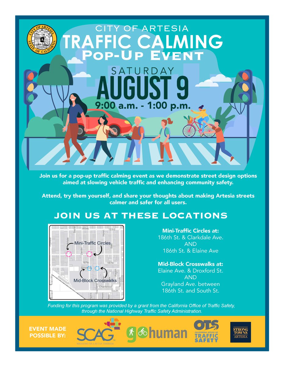 Gateway Cities Council of Governments (@gateway_cog) on Twitter photo Join <a href="/OfficialArtesia/">City of Artesia</a> for a fun and interactive pop-up traffic calming event!
🗓️ Date: Saturday, August 9
⏰ Time: 9:00 a.m. – 1:00 p.m.
Try out the new designs and share your thoughts on how we can make Artesia streets calmer and safer for all users!
#ArtesiaTrafficCalming Join <a href="/OfficialArtesia/">City of Artesia</a> for a fun and interactive pop-up traffic calming event!
🗓️ Date: Saturday, August 9
⏰ Time: 9:00 a.m. – 1:00 p.m.
Try out the new designs and share your thoughts on how we can make Artesia streets calmer and safer for all users!
#ArtesiaTrafficCalming