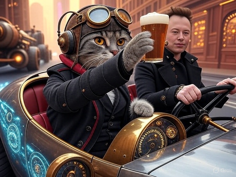 Grok Imagine prompt:

Anthropomorphic gray tabby cat in full steampunk adventurer gear riding shotgun in a sleek retro-futuristic roadster piloted by Elon Musk. The cat wears a leather aviator helmet with brass goggles, a dark jacket with crimson strap accents, and over-ear