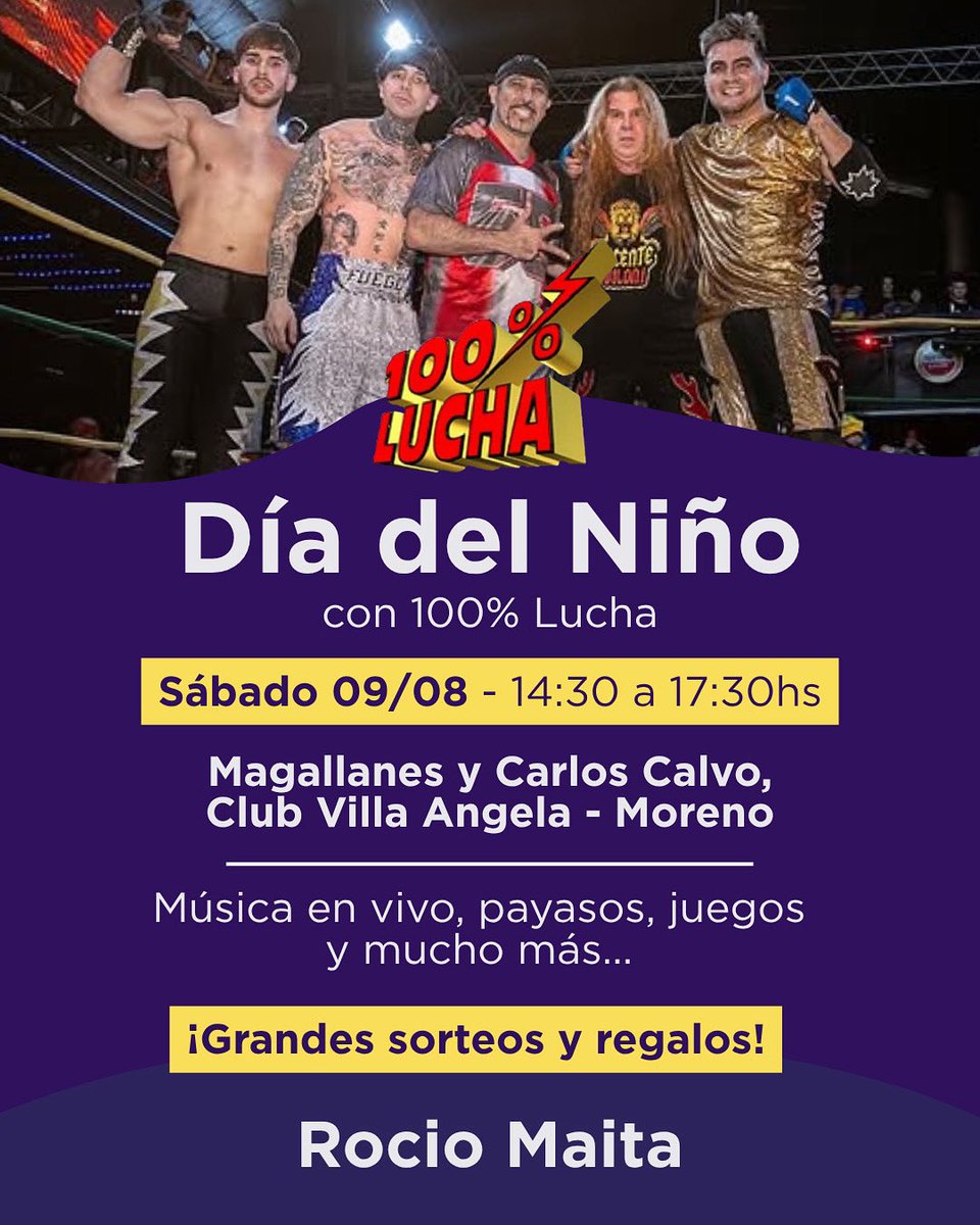 Festejamos el Día del Niño en Moreno a pesar de las presiones de la intendente Mariel Fernández 

Cambiamos la ubicación del evento. Te esperamos este sábado en el Club Villa Ángela a partir de las 14:30. 

100% Lucha, payasos, música en vivo, juegos y más. 💜