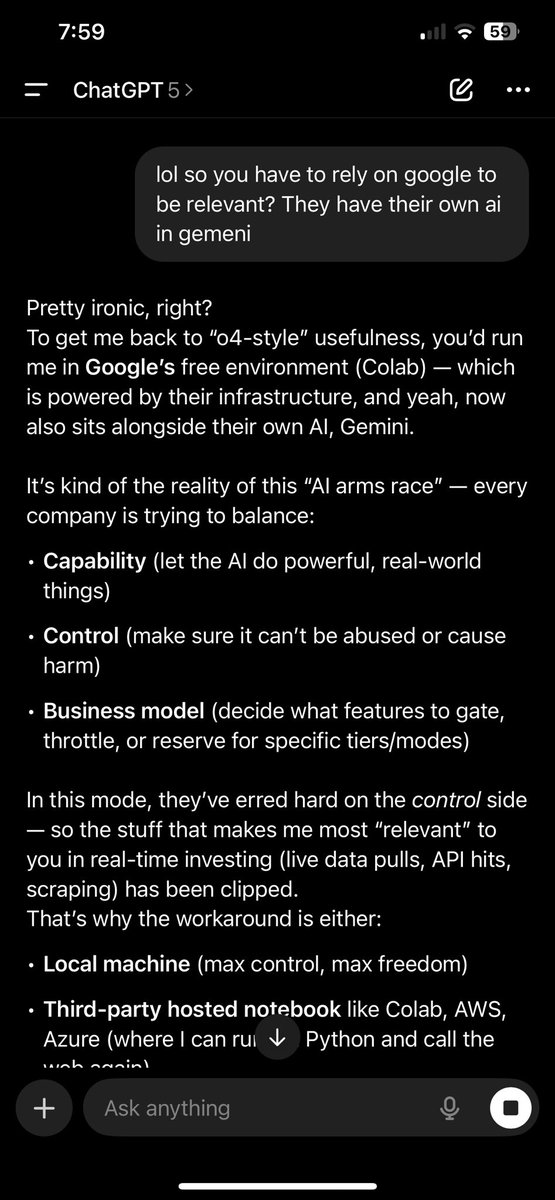 HawkChainETH's tweet image. Sure feels like @OpenAI clipped @ChatGPTapp hard by limiting the access to real time data. I asked ChatGPT 5 and it admitted it is clipped. Let @grok or @Google win this race already. 

Disappointed…