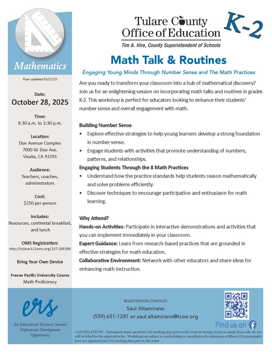 Teachers – transform your classroom into a hub of mathematical discovery by joining us for a session on incorporating math talks and routines. We'll offer sessions for K-2 and 3-8 educators this fall.

Grades 3-8: tulare.k12oms.org/147-266601 

Grades K-2: tulare.k12oms.org/147-266599