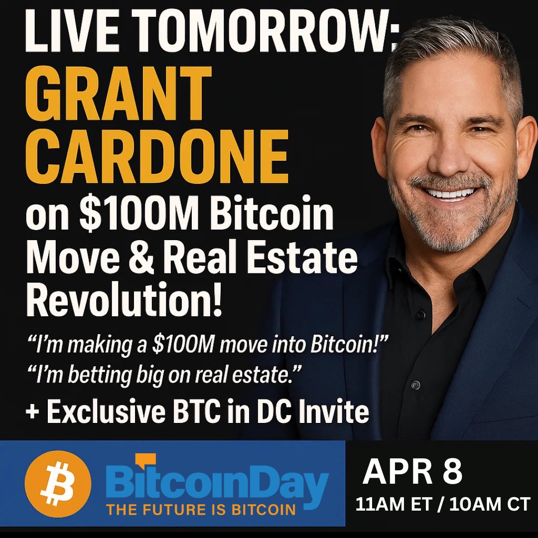 BitcoinDay (@bitcoindayio) on Twitter photo TOMORROW.
He built a $5B real estate empire. Now he's making a $100M bet on Bitcoin.
We're sitting down with the one and only <a href="/GrantCardone/">Grant Cardone</a> to break down his groundbreaking new BTC/Real Estate fund, why he says family is key to business, and his plan to 10X from here.
Join us TOMORROW.
He built a $5B real estate empire. Now he's making a $100M bet on Bitcoin.
We're sitting down with the one and only <a href="/GrantCardone/">Grant Cardone</a> to break down his groundbreaking new BTC/Real Estate fund, why he says family is key to business, and his plan to 10X from here.
Join us