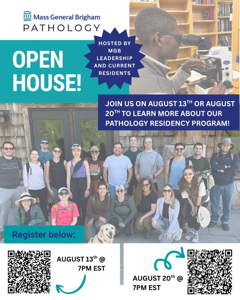 🚨 MGB Pathology Residency Open House🚨 
👩‍🔬👨‍🔬 Want to join our big pathology family?

Meet our leadership &amp; residents, learn about our program, and get your questions answered.
📅 Aug 13 @ 7 PM EST
📅 Aug 20 @ 7 PM EST

📌 Register via the QR codes below!
#PathTwitter #Match2026