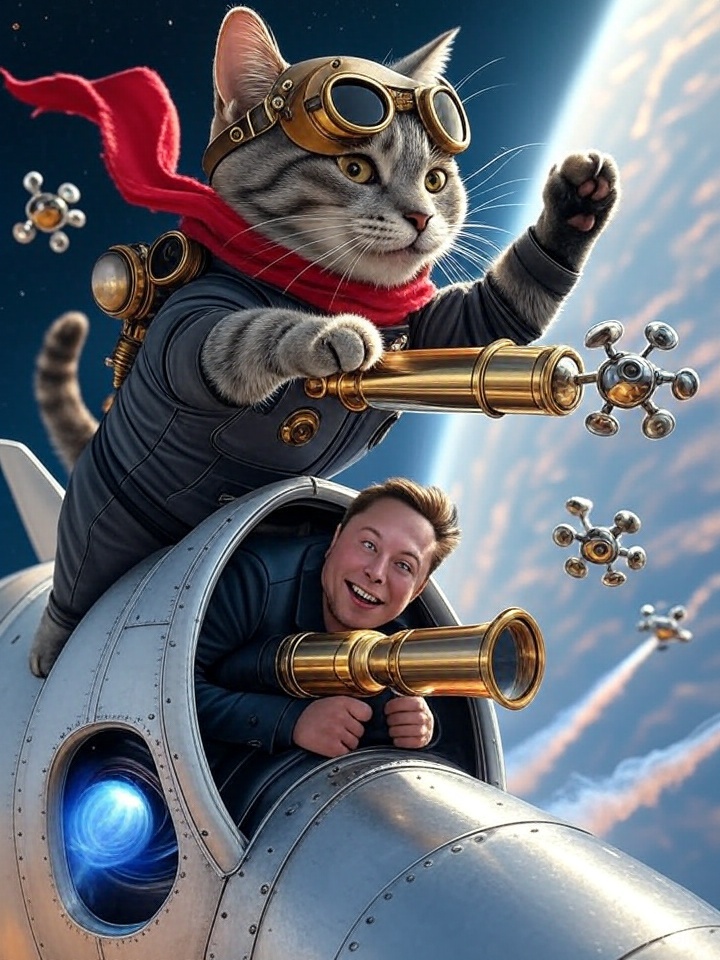 Grok Imagine prompt:

Anthropomorphic gray tabby cat wearing a sleek steampunk pilot suit, standing on the nose of a soaring SpaceX rocket mid-flight, while Elon Musk leans out of the cockpit window grinning mischievously. The cat’s leather helmet with brass goggles glints in the