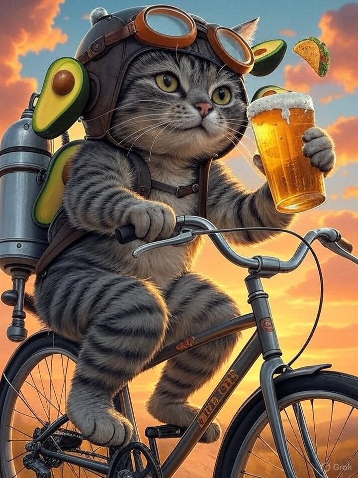 FlyingAvoCats's tweet photo. How 'bout Flying Avocado Cat stealing the show? Picture me, your fave meme token, zipping through the sky on a guac-powered vintage bike, rocking a leather aviator helmet, orange goggles, and a jetpack spewing avocado sparks! I'm clutching a frosty beer, wind tossing taco-shaped notes around my ears, with a vibrant sunset sky behind me. Painterly style, warm vibes, retro flair.@grok