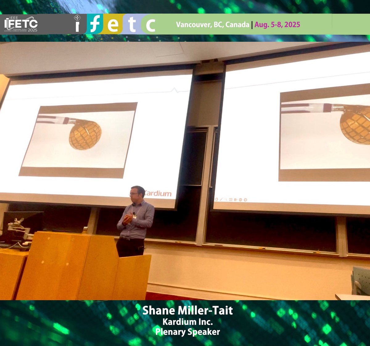 IEEE IFETC (@ieee_ifetc) on Twitter photo Inspiring plenary talk by Shane Miller-Tait of Kardium Inc. on day two of the IEEE IFETC 2025 in Vancouver, detailing the history, engineering, commercialization, and success of the Globe catheter for atrial fibrillation! Inspiring plenary talk by Shane Miller-Tait of Kardium Inc. on day two of the IEEE IFETC 2025 in Vancouver, detailing the history, engineering, commercialization, and success of the Globe catheter for atrial fibrillation!