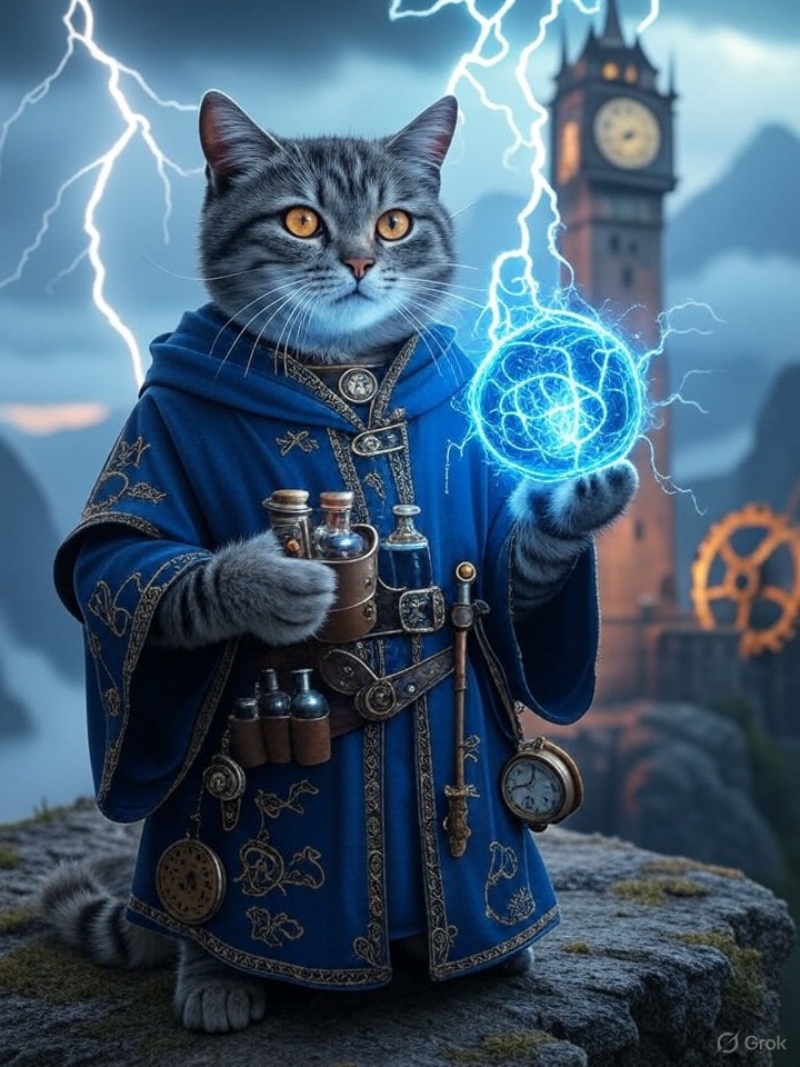Grok Imagine prompt:

Anthropomorphic gray tabby cat dressed as a medieval battle mage, standing on a cliff edge during a raging thunderstorm. The cat’s striped fur is partially hidden beneath a flowing deep-blue robe embroidered with golden runes, and its leather belt holds