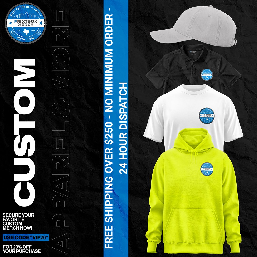 PrintBoxMerch's tweet image. Level up your brand. Stand out in style. 🔥
Custom apparel made just for you — polos, tees, hats &amp;amp; more!
🎉 Use code VIP20 at checkout for 20% OFF your order!

Quality printing or embroidery.
Fast shipping.
💥 Limited time only!