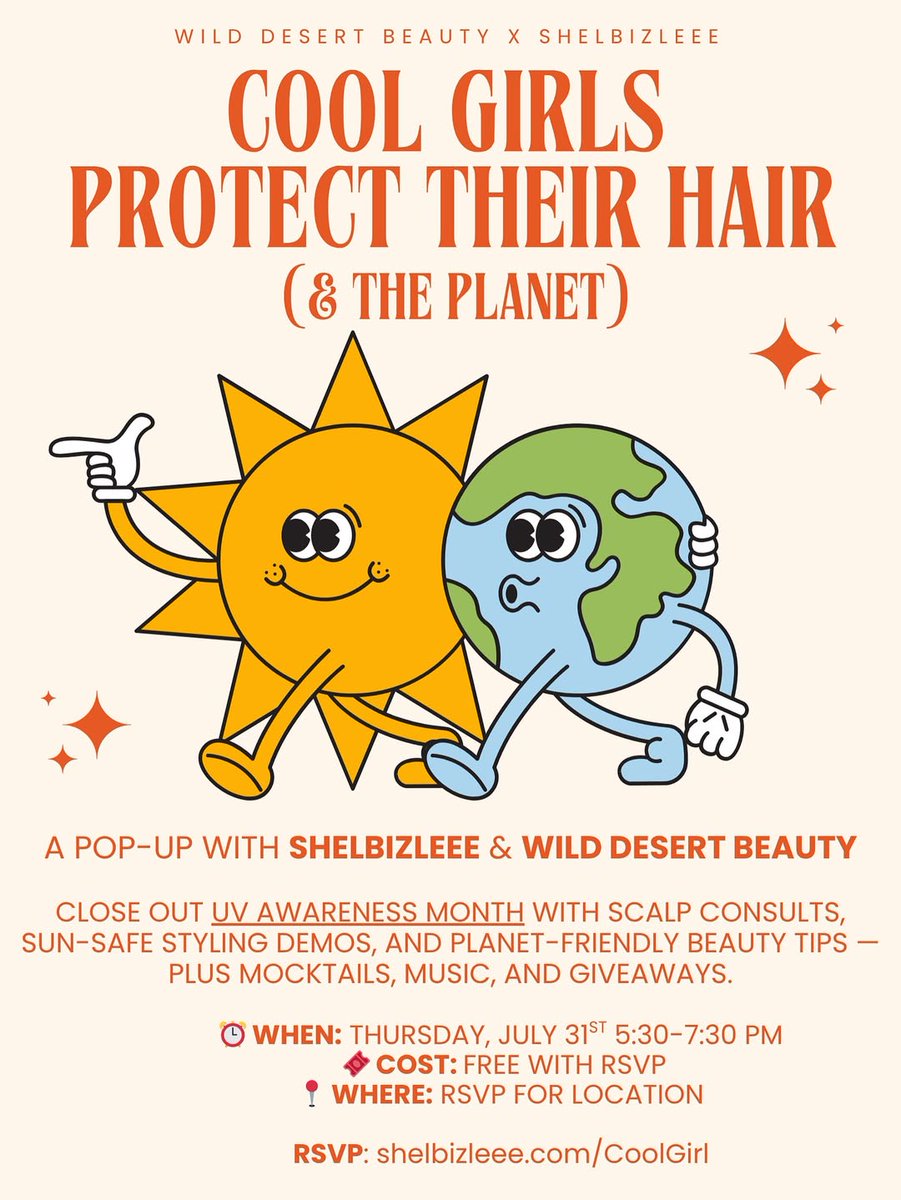 Join us for a laid-back evening of hair care, sun-safe styling, and planet-friendly beauty tips — plus mocktails, music, and free goodies (while they last)!

✨ Here’s what to expect:
 💆‍♀️ Scalp Consult Station – Quick check-ins + personalized tips from the stylists at