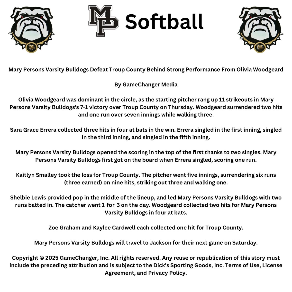 Bulldog Softball (@mpfastpitch) on Twitter photo Big Region win for the Dogs to improve to 2-0 in the Region and on the season. Go Dogs!! <a href="/MCREPORTER/">MC Reporter</a> <a href="/IamaCHAMP91/">Mary Persons Athletics</a> <a href="/CentralGaSports/">Central Georgia Sports Report</a> Big Region win for the Dogs to improve to 2-0 in the Region and on the season. Go Dogs!! <a href="/MCREPORTER/">MC Reporter</a> <a href="/IamaCHAMP91/">Mary Persons Athletics</a> <a href="/CentralGaSports/">Central Georgia Sports Report</a>