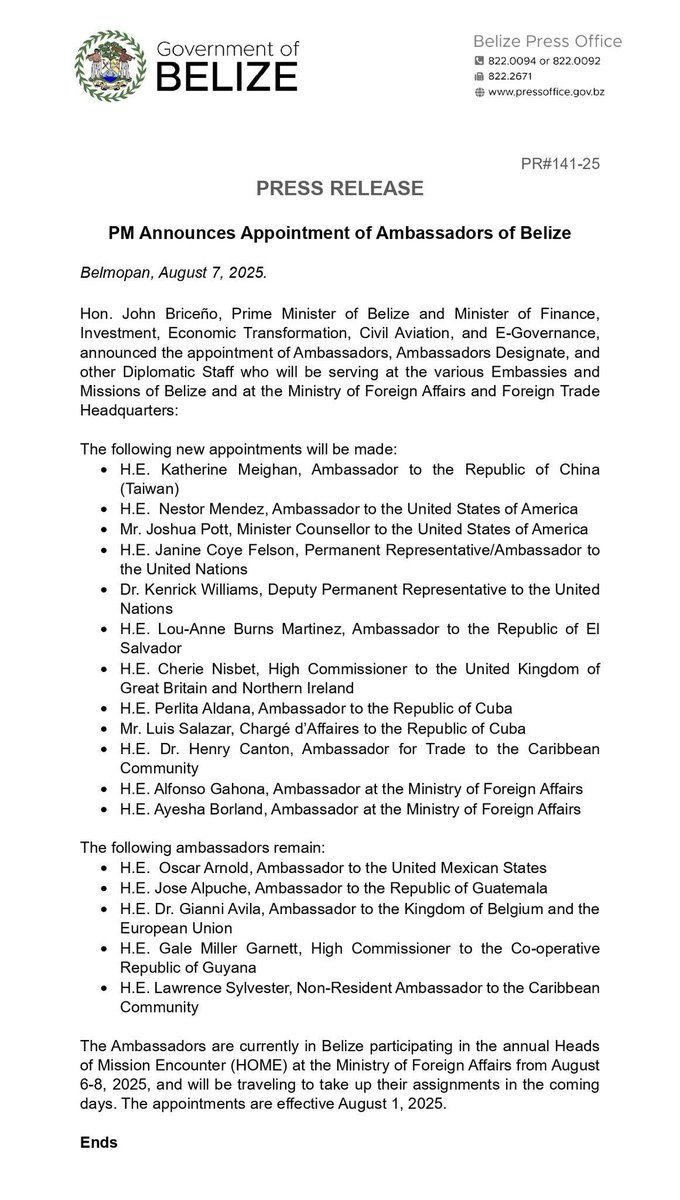 Belize MFAFT 🇧🇿 (@mfabelize) on Twitter photo 📑 PRESS RELEASE: The Prime Minister of Belize <a href="/JohnBricenoBZE/">John Briceño</a> has announced the appointment of Ambassadors of Belize. 🇧🇿🫱🏾🫲🏽🌎 📑 PRESS RELEASE: The Prime Minister of Belize <a href="/JohnBricenoBZE/">John Briceño</a> has announced the appointment of Ambassadors of Belize. 🇧🇿🫱🏾🫲🏽🌎