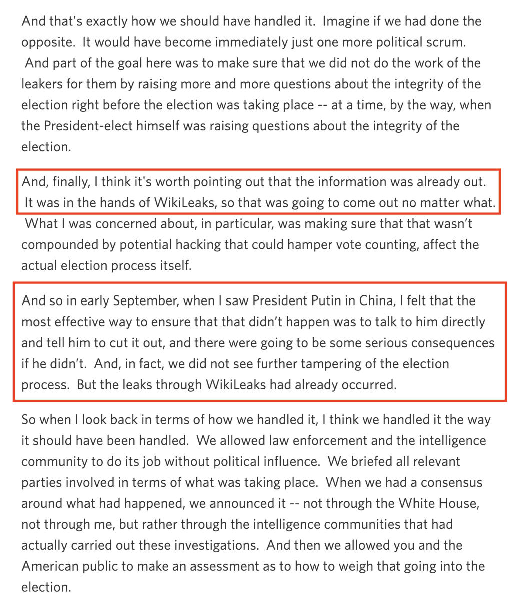 SmartMaticEng's tweet image. Barack Obama met Vladimir Putin on September 5, 2016 in China, where he claims to have successfully threatened Putin to cease hacking activities. He says "we did not see further tampering of the election process". 

However, the Muller report implies that Podesta's emails were…