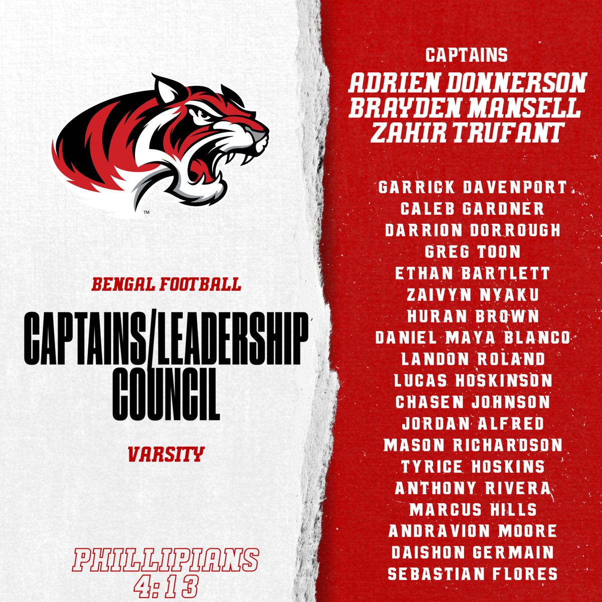 BengalLifestyle's tweet photo. Being a LEADER requires accountability, commitment, and upstanding moral values! Congrats to our 2025 TEAM CAPTAINS and members of our LEADERSHIP COUNCIL for the VARSITY, JV, and FRESHMAN teams!
#IronSharpenslron |#BengalPride| #KeepChoppingWood #Philippians 4:13 | #Proverbs27:17 https://t.co/IHLDWdSLVd