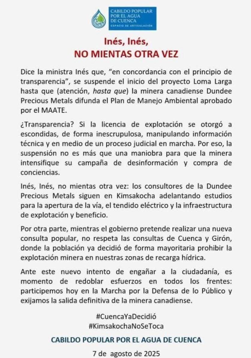 💧 Cuenca ya se pronunció. #kimsakochanosetoca , las declaraciones de la abogada Manzano y la suspención temporal de la licencia a las mineras no  pueden "disfrazar" las reales o menciones de explotación.
No a la mineria metálica en las zonas de recarga Hídrica.
<a href="/RenaceCuenca/">RenaceCuenca</a>