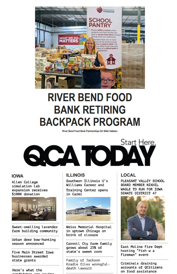 QCAToday's tweet image. Gretchen Teske (@peskyteske)/@qctimes re owing to the federal reduction of #SNAP benefits, @RiverBendFood Bank has to retire its #BackpackProgram, which involves the participation of 20 schools &amp;amp; benefits 3K children every Friday. BOO!☹️Lead story @ QCAToday.com. . .